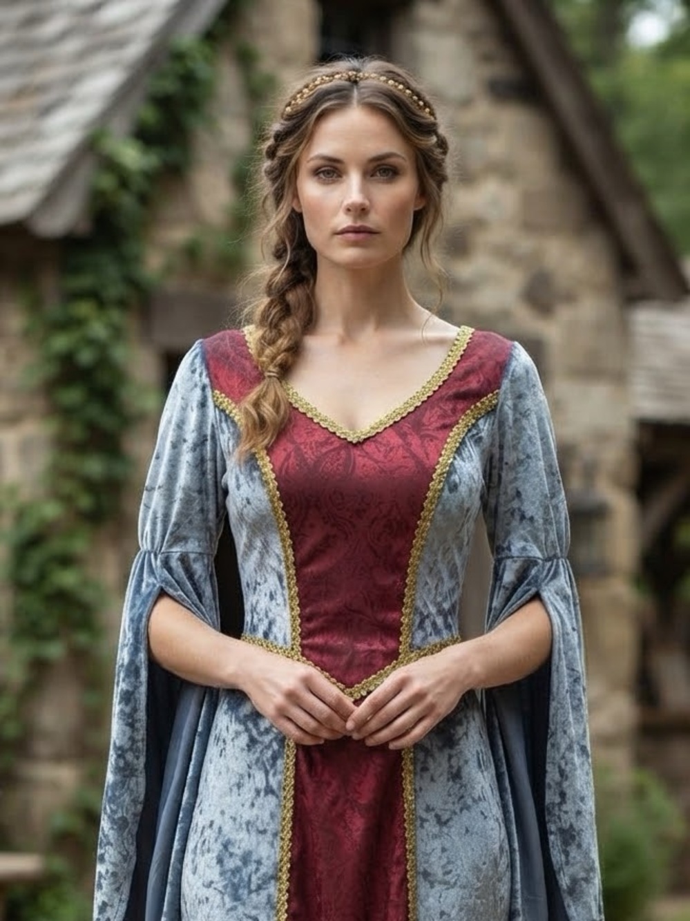 Blue and Red Medieval Princess Costume with Gold Trim